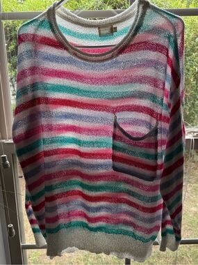 Dreamers Striped Lightweight Scoop Neck Sweater in White, Pink, Teal & Red